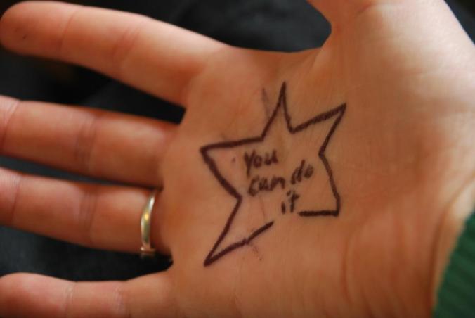 a note i wrote on my hand before my phone interview